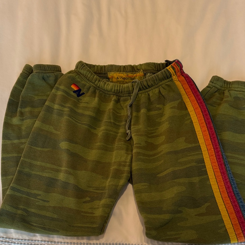Aviator Nation Green Camo Joggers with Rainbow Stripe